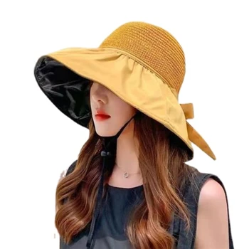 Летняя черная резиновая рыбацкая шляпа с бантом, женская Полая соломенная шляпа, Защита от ультрафиолета, Большие карнизы, солнцезащитный крем для лица, солнцезащитная шляпа
