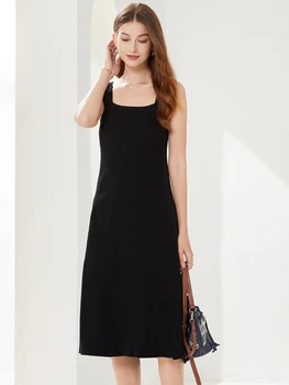 Маленькое черное платье во французском стиле, вязаный жилет на подвесках, платье без рукавов, тонкие платья средней длины, женская юбка трапециевидной формы для поездок на работу