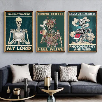 Ментальный плакат со скелетом, Череп, цветок, картина на холсте, Винтажный художественный принт с цитатами, Забавная настенная картина для домашнего декора гостиной 0