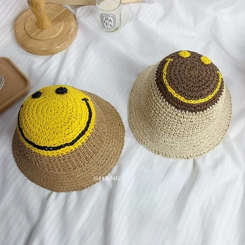 Милая улыбка, детская соломенная шляпа ручной работы, детская дышащая солнцезащитная шляпа, складная дорожная Панама, Пляжная шляпа Для мальчиков и девочек 2-5 лет