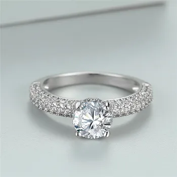 Милое женское кольцо-пасьянс с белым цирконием, роскошное обручальное кольцо с круглым хрустальным камнем, Модные обручальные кольца серебряного цвета для женщин 0