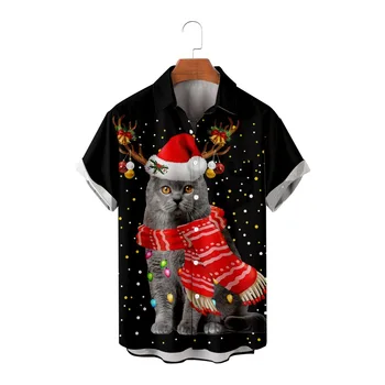 Модная мужская Рождественская рубашка с принтом Черного кота, повседневные мужские Ретро-рубашки с коротким рукавом и пуговицами, топы