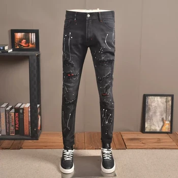 Модная уличная одежда, мужские джинсы в стиле ретро, черные, серые, стрейчевые, приталенные, винтажные рваные джинсы, мужские раскрашенные дизайнерские брюки в стиле хип-хоп, Hombre