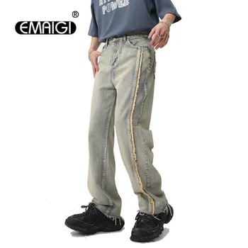 Модные джинсы с необработанным подолом и кисточками, мужская Корейская уличная одежда, свободная Повседневная Винтажная выстиранная джинсовая ткань, мешковатые джинсы, брюки для знаменитостей