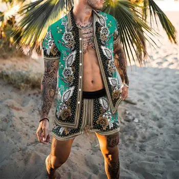 Модные мужские гавайские комплекты, Летняя рубашка с цветочным принтом, короткий рукав, пляжные шорты, два комплекта, Повседневный праздничный мужской костюм из 2 предметов