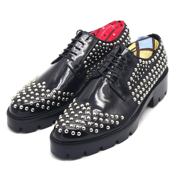 Модные туфли на платформе из натуральной кожи с заклепками в стиле панк, Оксфордские вечерние свадебные туфли ручной работы, увеличивающие рост, черные мужские туфли