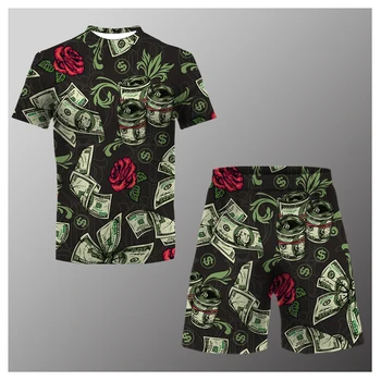 Модный летний Новый мужской комплект Для уличного отдыха, Футболка с 3D принтом + Пляжные шорты, Комплект, Мужская футболка с круглым вырезом, Топ, 2 предмета 0