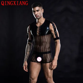 Модный мужской бандаж из искусственной кожи, кружевная сетка, сексуальный костюм для косплея, одежда для ночного клуба на Хэллоуин, футболка для взрослых с трусиками, комплект нижнего белья