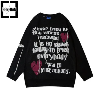 Модный свитер Hi Street в стиле хип-хоп, уличная вязаная одежда с буквами, Пуловеры, Джемперы свободного кроя, Топы Harajuku 0