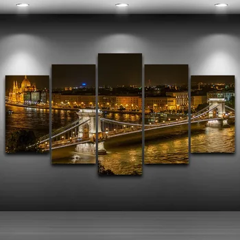 Модульные Винтажные Картины С Ночным Видом 5 Панелей Венгрия Городской Домашний Декор Картины На Холсте Мост Настенное Искусство Для Гостиной HD Печать