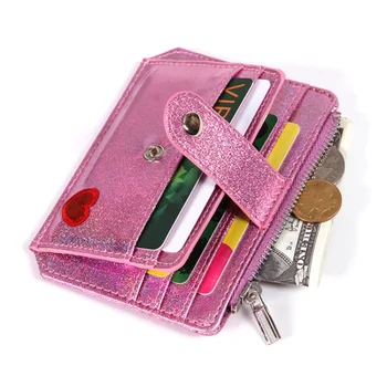 Молния корейский лазерный искусственная кожа держателя карты сердца с вышивкой женские пряжка монета кошелек мини-кошелек симпатичный держатель карты бумажник женщины