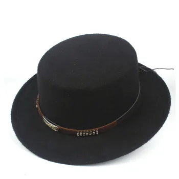 Мужская женская шляпа унисекс с плоским верхом и поясом, фетровая шляпа в стиле ретро, шляпа с широкими полями, Джазовая шляпа, Размер 56-58 см