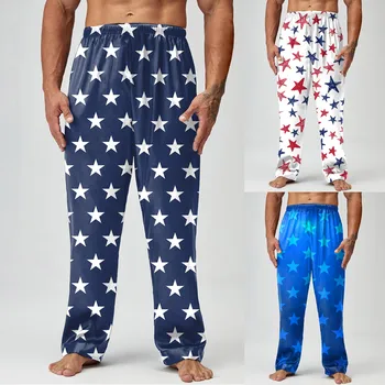 Мужские Весенне-летние пижамные брюки с принтом Дня Независимости, длинные брюки, повседневные брюки, хвост динозавра, блестящая поролоновая звезда, повседневная комбинация