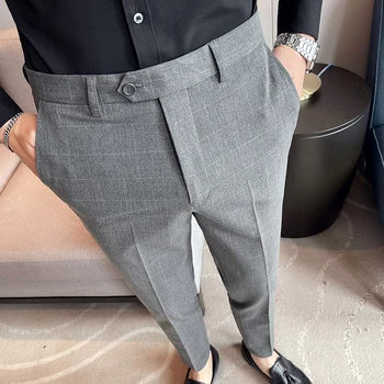Мужские Модные повседневные брюки для костюма в сетку 2023, Деловые узкие брюки-карандаш, Брюки со средней талией Для мужчин, высококачественные брюки
