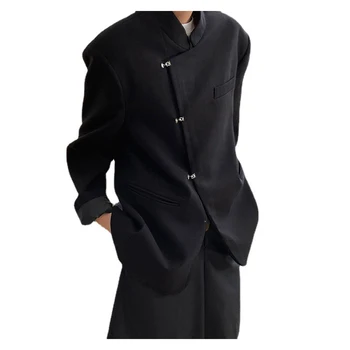 Мужские винтажные блейзеры с воротникомстойкой в китайском стиле, черно-белые блейзеры, куртка размера S M 0