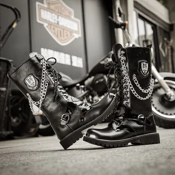 Мужские кожаные мотоциклетные ботинки до середины икры, армейские ботинки в стиле панк с готическим поясом, мужские тактические армейские ботинки со стальным носком