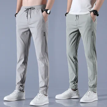 Мужские летние брюки Ice Silk 2023, новые черные стандартные тонкие деловые повседневные брюки, Эластичные дышащие прямые спортивные брюки