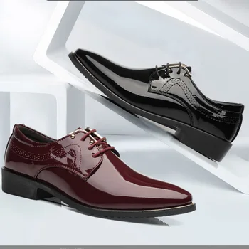 Мужские туфли из лакированной кожи, мужские модельные туфли на шнуровке с острым носком, свадебные, деловые, 2 цвета, большой размер