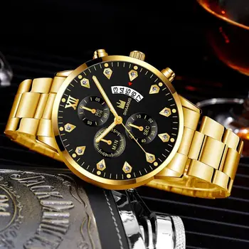 Мужские часы с фальшивым трехглазым бриллиантовым циферблатом, календарь делового сектора, часы со стальным ремешком, мужские кварцевые часы