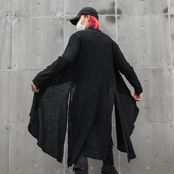 Мужской длинный тренч из хлопка и льна с разрезом сбоку кардиган уличный панк хип-хоп куртка Японский ночной клуб DJ готический винтажный сценический костюм