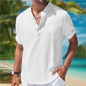 Мужской летний пуловер с воротником-стойкой, льняная рубашка, Однотонные дышащие гавайские пляжные мужские рубашки с коротким рукавом, Повседневная блузка для мужчин