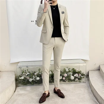Мужской однотонный пиджак на одной пуговице, приталенный свадебный костюм из 2 предметов, мужской костюм, пальто для джентльмена, брюки, Модный Новый мужской деловой костюм