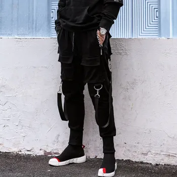 Мужчины с множеством карманов и лент дизайн панк-рок хип-хоп брюки-карго для ночного клуба DJ певец сценические джоггеры хип-хоп уличная одежда шаровары