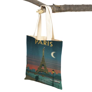 Мультяшные городские путешествия, ландшафтное искусство, сумки для покупок, женская сумочка с обеих сторон, Париж, Рим, Капри, повседневная холщовая женская сумка для покупок