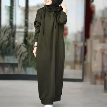 Мусульманское платье, женская толстовка 2023, Абая с капюшоном, Стильные толстовки, макси-платья с длинным рукавом, повседневные однотонные мусульманские платья, халат, кафтан
