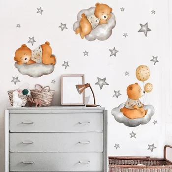 Наклейка на стену с изображением мультяшного животного, Медведя, облачной звезды, украшения комнаты, наклейка на стену, самоклеящаяся наклейка на стену