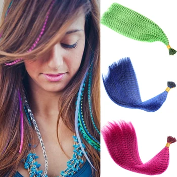Наращивание волос из перьев, Радужные синтетические волосы, 16-дюймовый шиньон, Цвет Синий, красный, розовый, накладные волосы из перьев для женщин