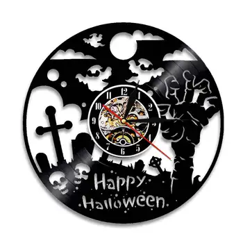 Настенные часы на Хэллоуин из настоящей виниловой пластинки, Винтажный дизайн в стиле Кладбища с призрачным черепом, Настенные часы с подсветкой, декор ужасов