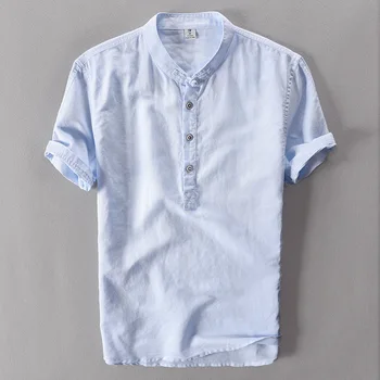 Небесно-голубая рубашка Мужские прохладные и тонкие дышащие летние рубашки 2023 года, Хлопчатобумажная льняная рубашка с воротником-стойкой на пуговицах, Гавайская пляжная блузка