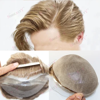 Незаметная V-образная петля 0,02 мм Невидимая Сверхтонкая система парика из искусственной кожи с естественной линией роста волос Мужской Протез из светлых человеческих волос