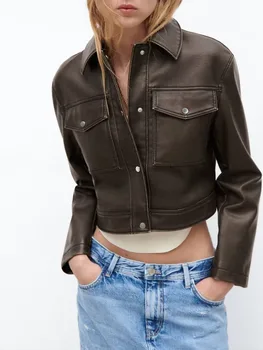 Новая модная женская темпераментная повседневная универсальная черная короткая куртка из искусственной кожи с длинными рукавами 0