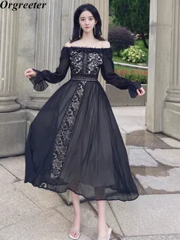 Новое поступление, весенне-летнее женское кружевное шифоновое платье в стиле пэчворк, винтажное пляжное платье с открытыми плечами и длинным рукавом