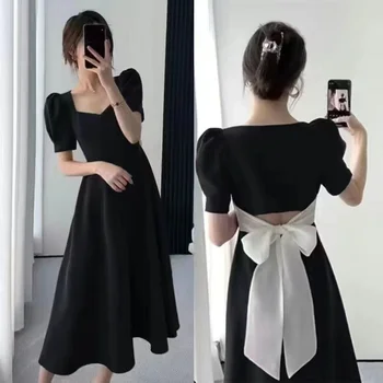 Новое черное платье в стиле французской ретро-Хепберн, летнее Черное платье Y2K с бантом сзади, Узкое Маленькое черное платье, Свободное облегающее платье