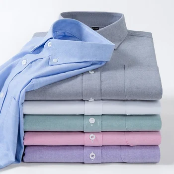 Новые высококачественные хлопчатобумажные мужские рубашки, деловая повседневная рубашка с лацканами на пуговицах и длинным рукавом, Дышащая Оксфордская однотонная рабочая рубашка