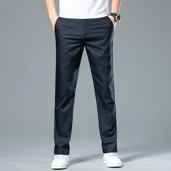 Новые летние удобные Прямые брюки для костюма из мягкого бамбукового волокна, мужские деловые стрейчевые тонкие темно-синие повседневные брюки, мужские Большие размеры 40 42