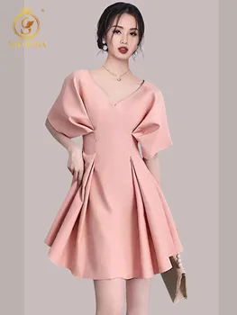 Новые модные женские элегантные розовые летние платья с рукавом 