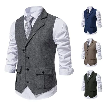 Новые мужские жилеты в стиле ретро, вырез на лацкане с двумя карманами, жилет, повседневный костюм для свадьбы, мужской жилет для жениха 0