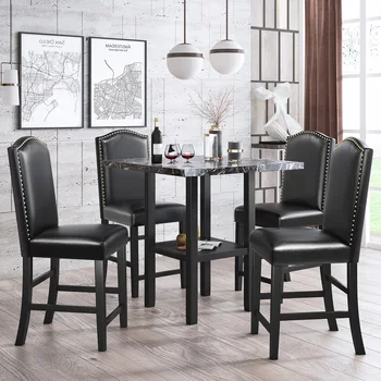 Обеденный набор из 5 предметов с соответствующими стульями и нижней полкой для столовой, черный стул + черный стол 0