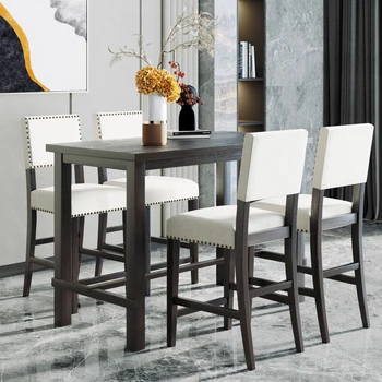 Обеденный набор из 5 предметов высотой со столешницу, классический элегантный стол и 4 стула цвета эспрессо и бежевого, подходит для ресторанов. 0
