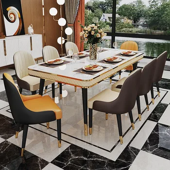 Обеденный стол в скандинавском стиле, прямоугольный обеденный стол, мебель для ресторана на вилле из углеродистой стали, сочетание мраморных стульев