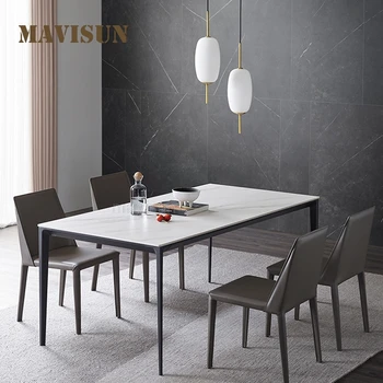 Обеденный стол и мягкий стул из белого мрамора в североевропейском стиле в стиле минимализм, небольшой Плоский прямоугольный обеденный стол на 6 мест 0