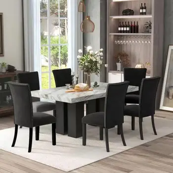 Обеденный стол с черным стулом из 7 предметов, 1 Обеденный прямоугольный стол из искусственного мрамора и 6 стульев с мягкими сиденьями