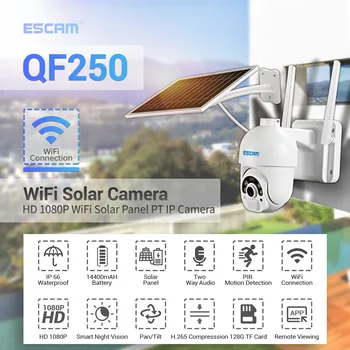 Облачное хранилище ESCAM QF250 1080P, Wi-Fi, Аккумулятор, PIR-сигнализация, купольная IP-камера с солнечной панелью, полноцветное ночное видение, двусторонний звук 0