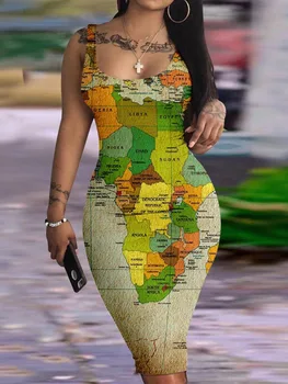 Облегающее платье с буквенным принтом на карте Африки, без рукавов, смешанный принт, многоцветные платья-футляры, жилет с U-образным вырезом, юбки, сексуальный облегающий комбинезон