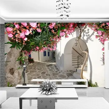 Обои на заказ 3D Эгейская архитектура, Дорожка, Настенное изображение цветочного дерева, Гостиная, спальня, Цветок Розы, Вид на улицу, Декоративные 0