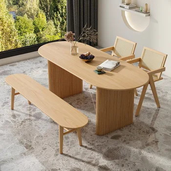 Овальный обеденный стол из массива дерева в скандинавском стиле, обеденный стол и стул неправильной формы для нескольких сидений, обеденный стол из бревен небольшого размера